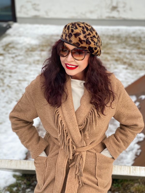 Coat with Fringes Made in Italy, Hermes bag, Leoprint cap, Ana Alcazar dress, Gucci shades, ageless fashion, mystyle, over50, ageless, timeless style, winteroutfit, streetstyle, streetfashion, streetwear, winterwear, cochastyle